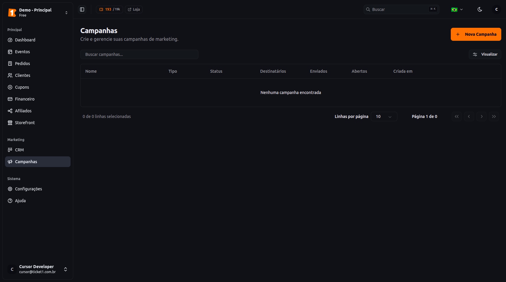 Ticket1 Campanhas de Marketing — email, WhatsApp e SMS integrados
