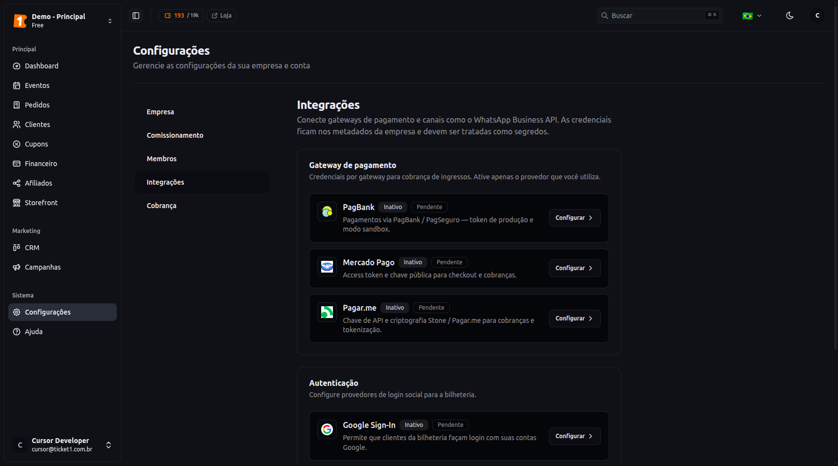 Ticket1 Integrações e API — webhooks e extensões para sua operação
